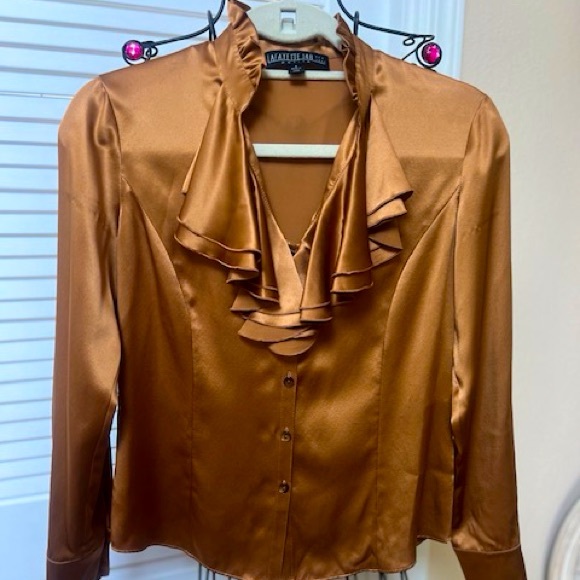 Copper LAFAYETTE Satin Blouse with Ruffled Neckline